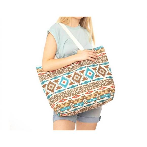 NEW JUDSON & CO. leopard and aztec print canvas tote bag in turquoise/brown - Picture 2 of 3